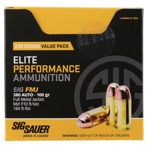 Sig Sauer Elite Ball 100 gr Full Metal Jacket .380 Auto Ammo, 200 Rounds - E380B1200
