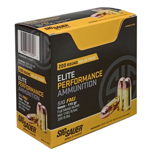 Sig Sauer Elite Ball 115 gr Full Metal Jacket 9mm Ammo, 200 Rounds - E9MME1200